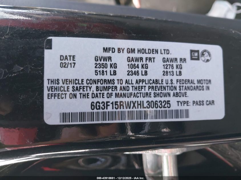 2017 Chevrolet Ss VIN: 6G3F15RWXHL306325 Lot: 43910881