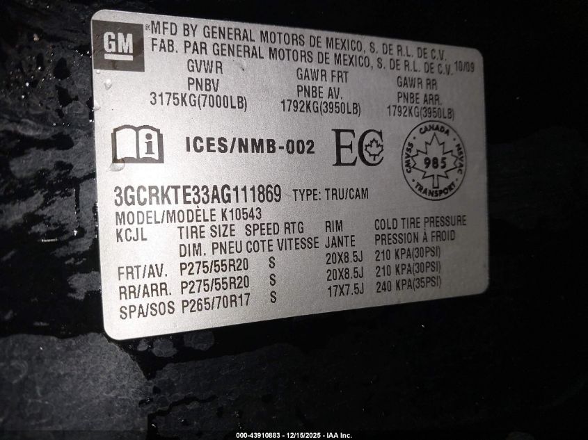 2010 Chevrolet Silverado 1500 Ltz VIN: 3GCRKTE33AG111869 Lot: 43910883