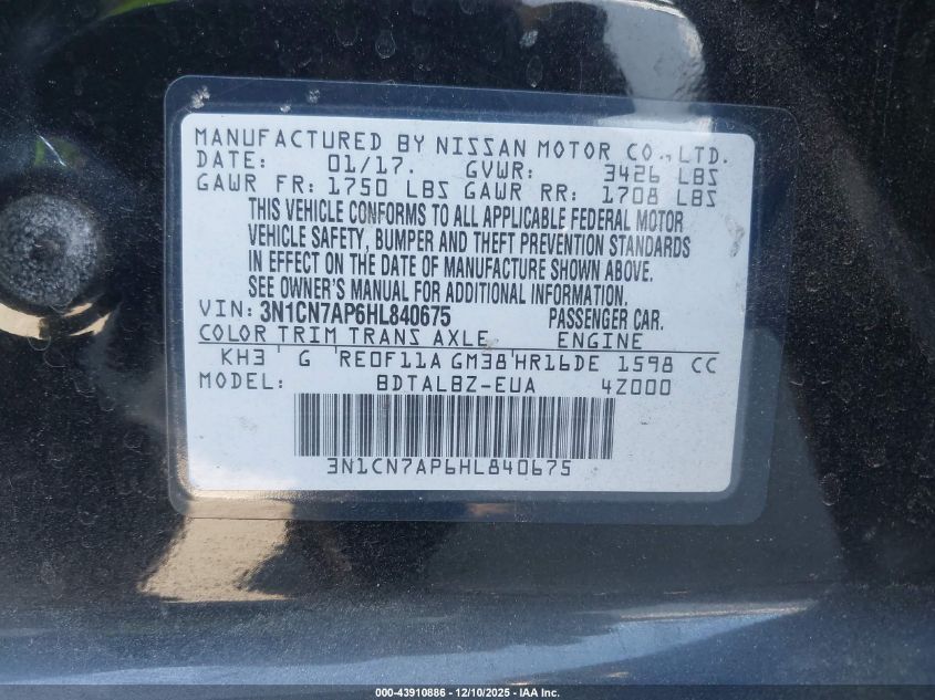 2017 Nissan Versa 1.6 Sv VIN: 3N1CN7AP6HL840675 Lot: 43910886