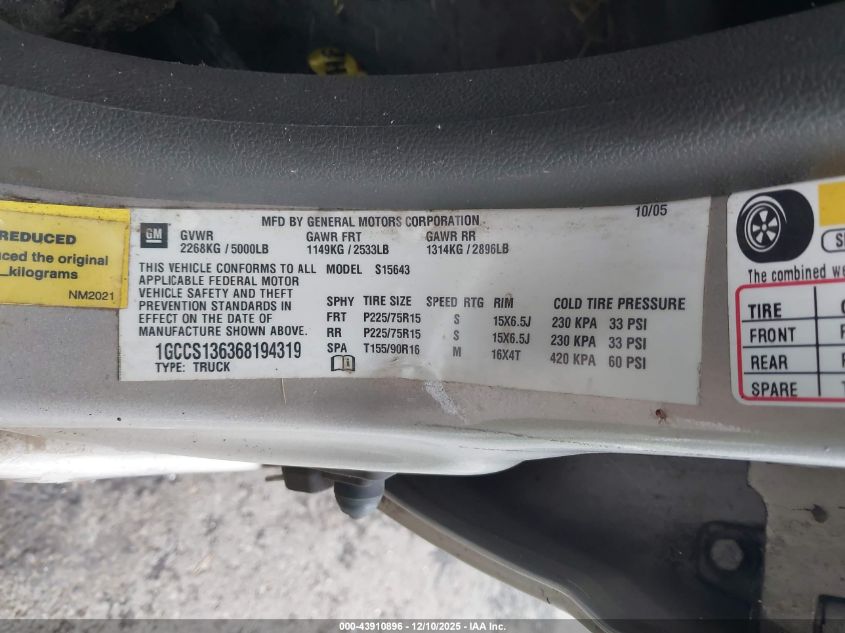 2006 Chevrolet Colorado Lt VIN: 1GCCS136368194319 Lot: 43910896