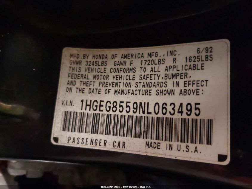 1HGEG8559NL063495 1992 HONDA CIVIC photo no. 9