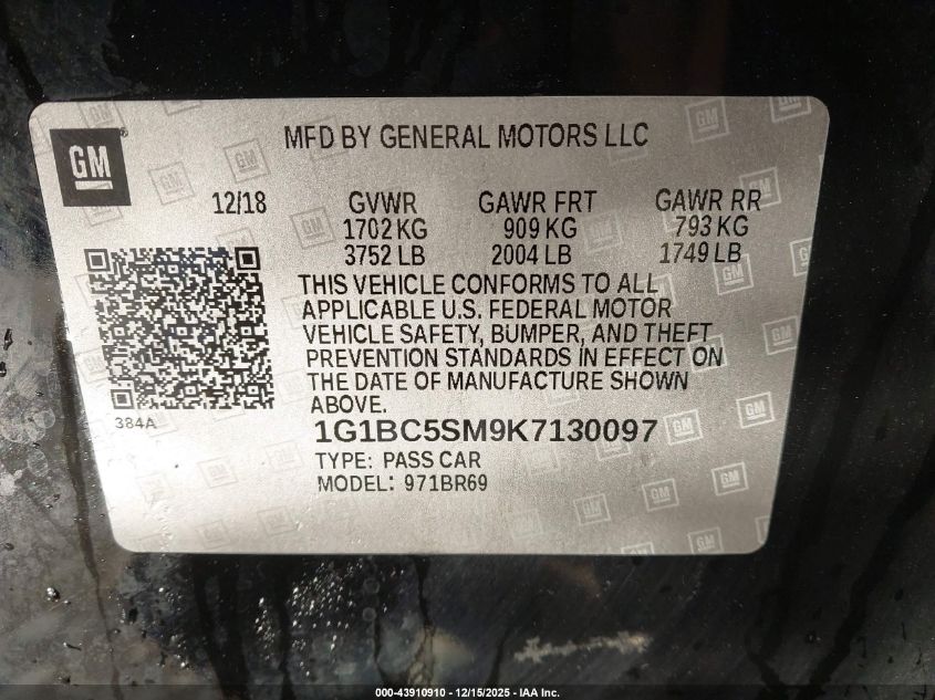 2019 Chevrolet Cruze Ls VIN: 1G1BC5SM9K7130097 Lot: 43910910