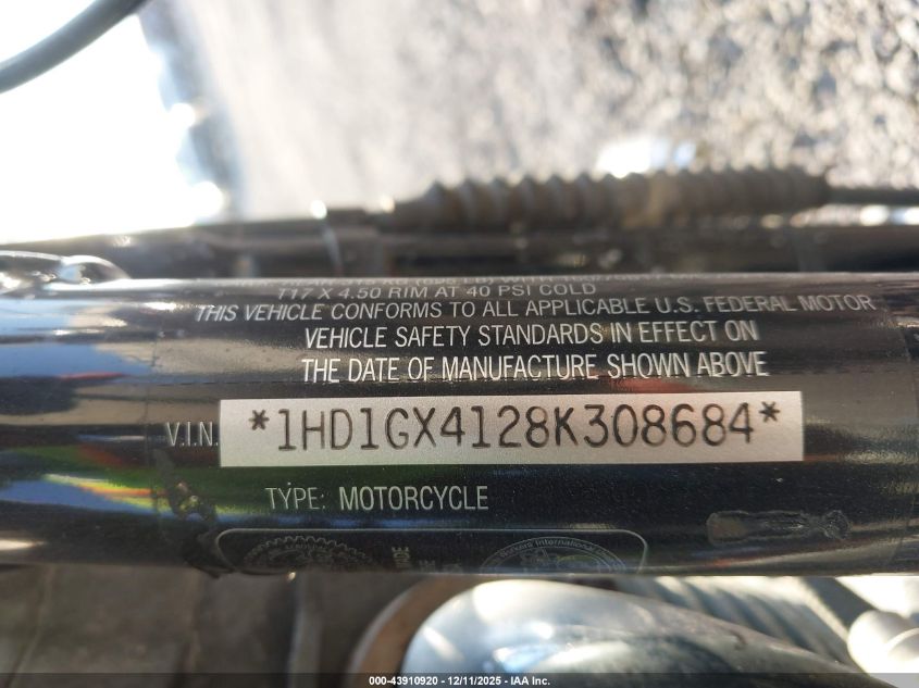2008 Harley-Davidson Fxdbi VIN: 1HD1GX4128K308684 Lot: 43910920
