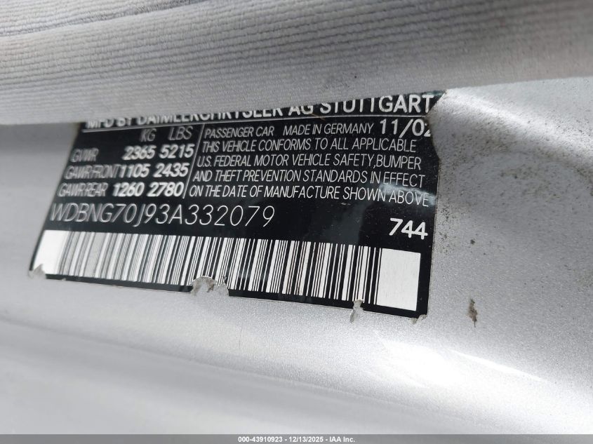 2003 Mercedes-Benz S 430 VIN: WDBNG70J93A332079 Lot: 43910923