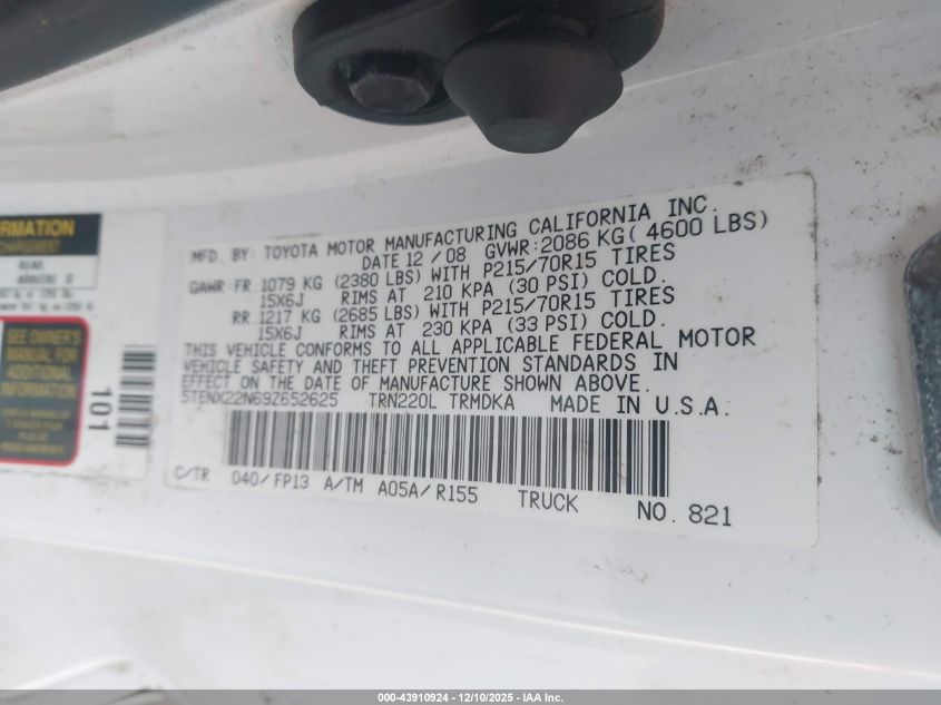 2009 Toyota Tacoma VIN: 5TENX22N69Z652625 Lot: 43910924