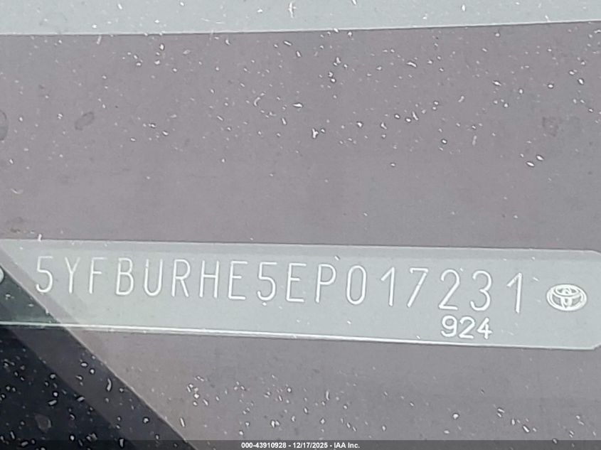 2014 Toyota Corolla S Plus VIN: 5YFBURHE5EP017231 Lot: 43910928