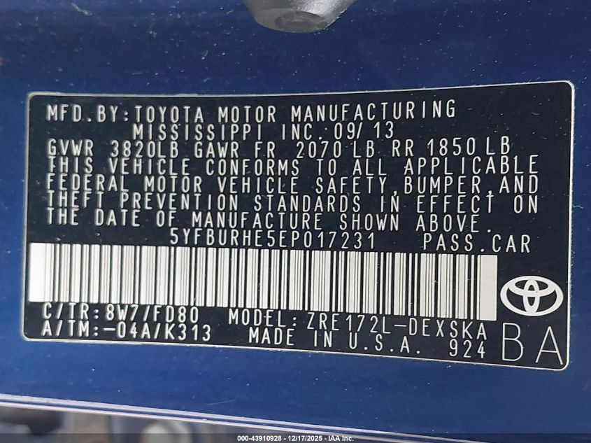 2014 Toyota Corolla S Plus VIN: 5YFBURHE5EP017231 Lot: 43910928