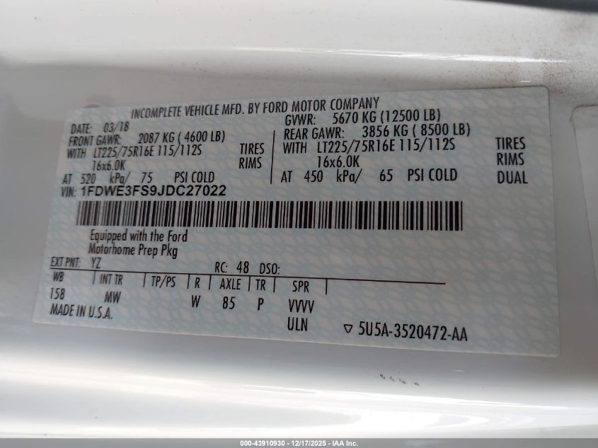 2018 Ford E-350 Cutaway VIN: 1FDWE3FS9JDC27022 Lot: 43910930