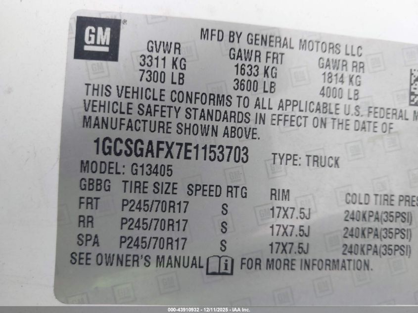 2014 Chevrolet Express 1500 Work Van VIN: 1GCSGAFX7E1153703 Lot: 43910932