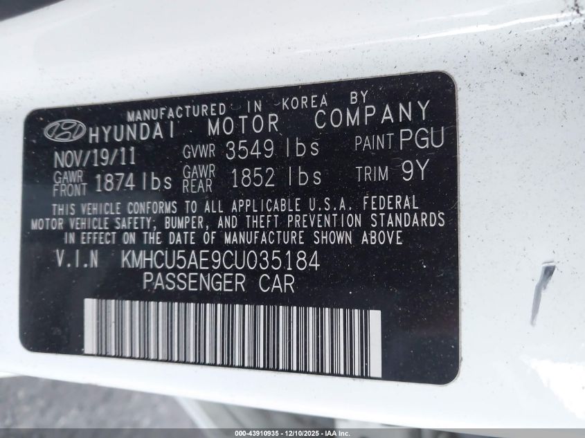 2012 Hyundai Accent Se VIN: KMHCU5AE9CU035184 Lot: 43910935