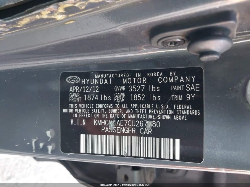2012 Hyundai Accent Gls VIN: KMHCU4AE7CU267180 Lot: 43910937