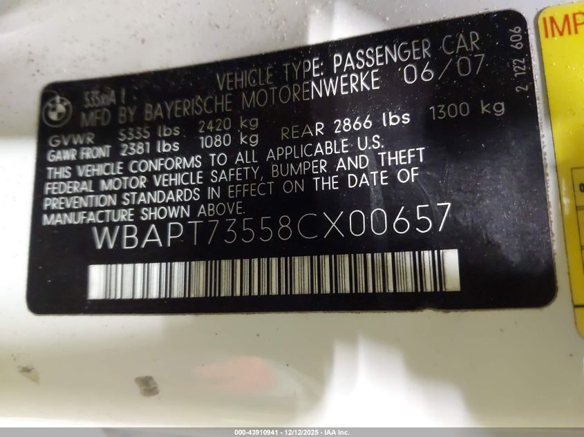 2008 BMW 535Xi VIN: WBAPT73558CX00657 Lot: 43910941