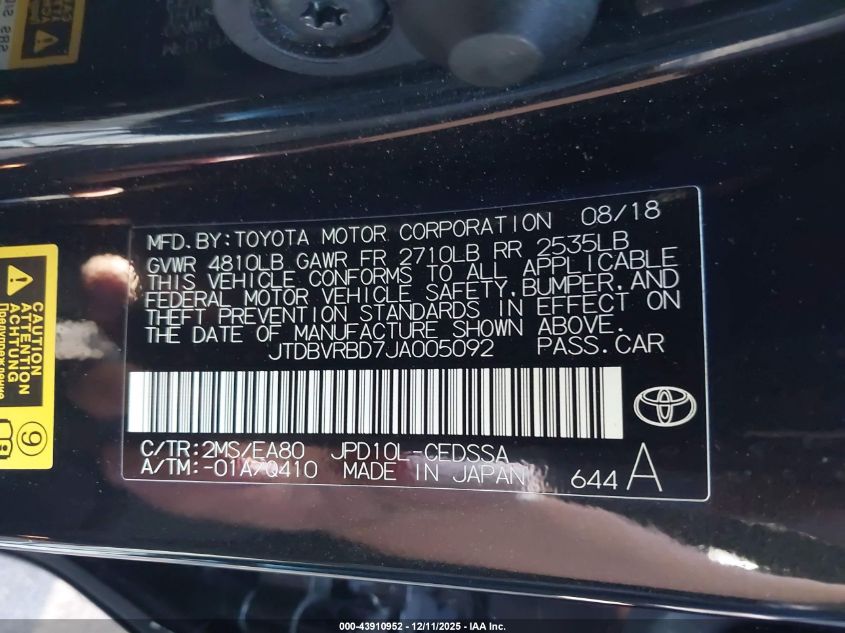 JTDBVRBD7JA005092 2018 TOYOTA MIRAI photo no. 9