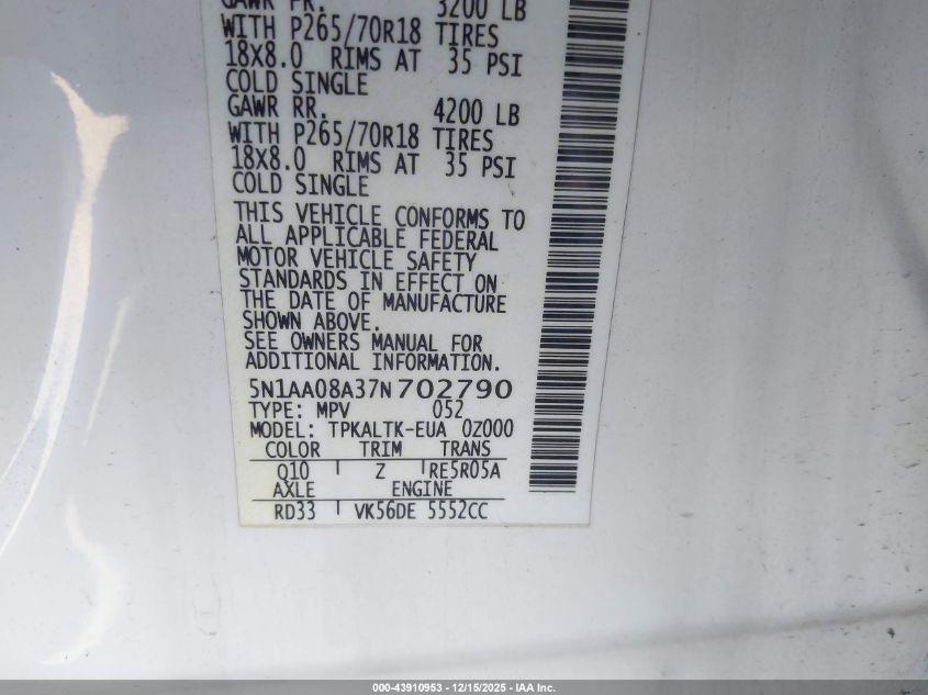 2007 Nissan Armada Se VIN: 5N1AA08A37N702790 Lot: 43910953