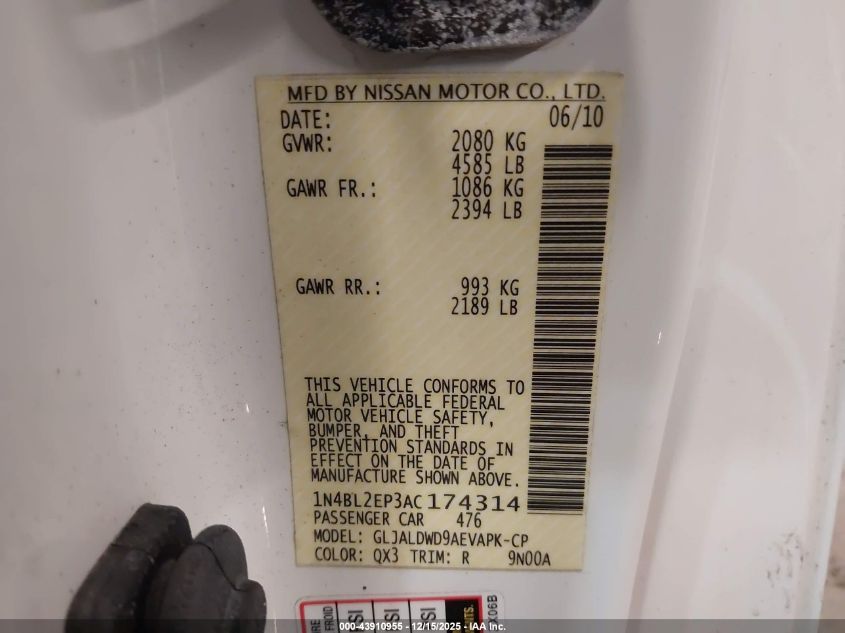 2010 Nissan Altima 3.5 Sr VIN: 1N4BL2EP3AC174314 Lot: 43910955