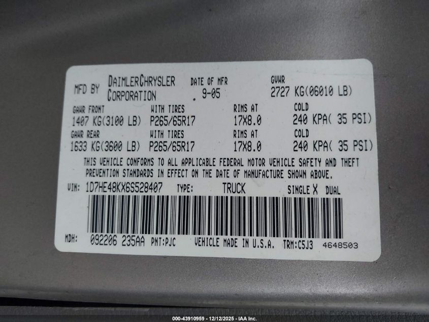 2006 Dodge Dakota Slt VIN: 1D7HE48KX6S528407 Lot: 43910959
