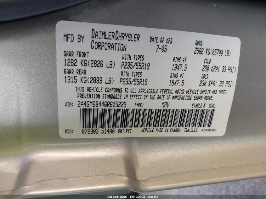 2006 Chrysler Pacifica Touring VIN: 2A4GM68446R605225 Lot: 43910965