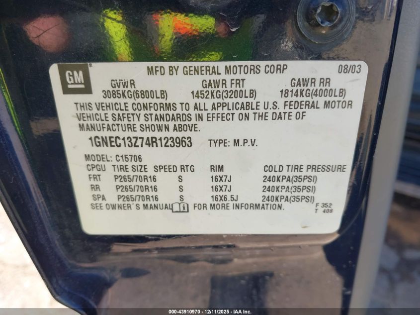 2004 Chevrolet Tahoe Ls VIN: 1GNEC13Z74R123963 Lot: 43910970