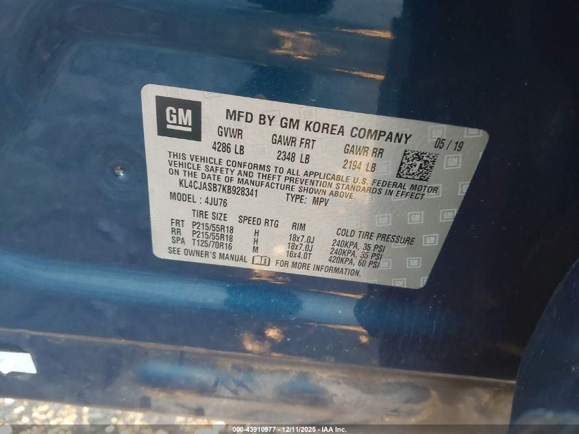 2019 Buick Encore Fwd Preferred VIN: KL4CJASB7KB928341 Lot: 43910977