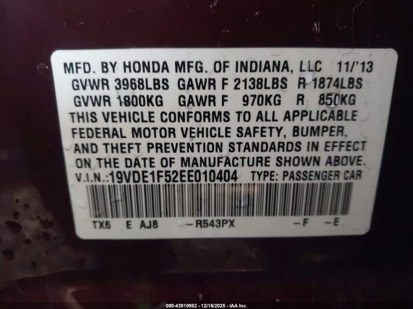2014 Acura Ilx 2.0L VIN: 19VDE1F52EE010404 Lot: 43910982