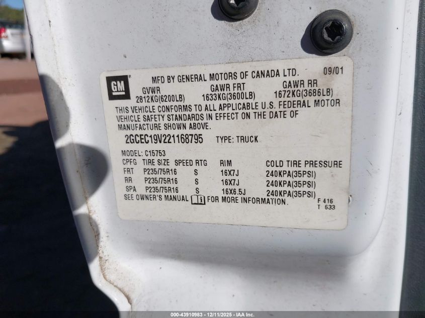 2002 Chevrolet Silverado 1500 Ls VIN: 2GCEC19V221168795 Lot: 43910983