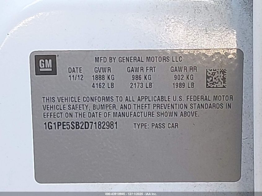 2013 Chevrolet Cruze 2Lt Auto VIN: 1G1PE5SB2D7182981 Lot: 43910985