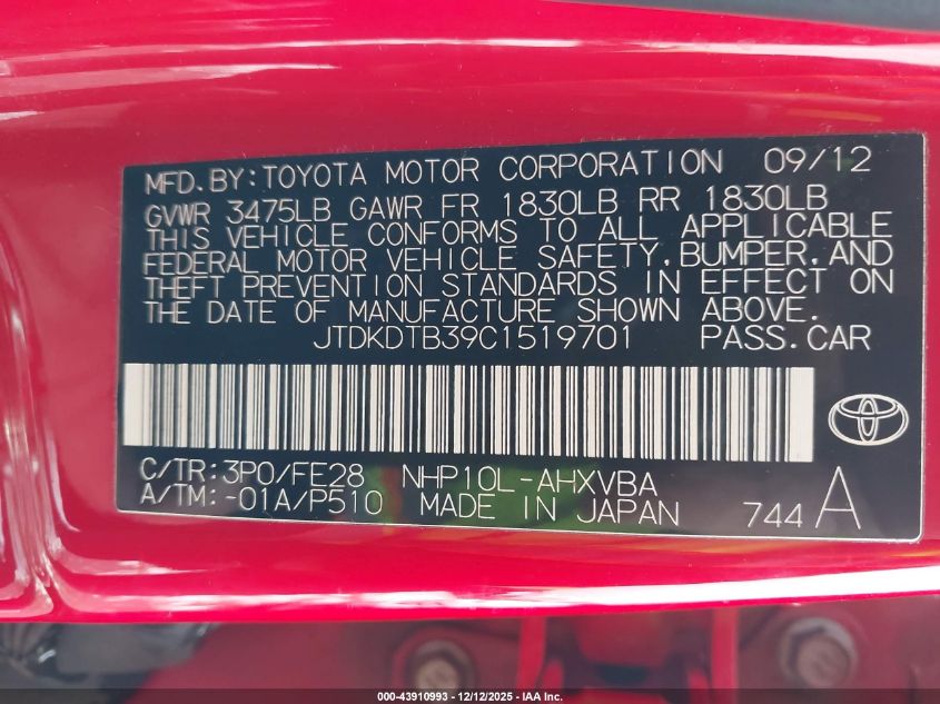 2012 Toyota Prius C One VIN: JTDKDTB39C1519701 Lot: 43910993