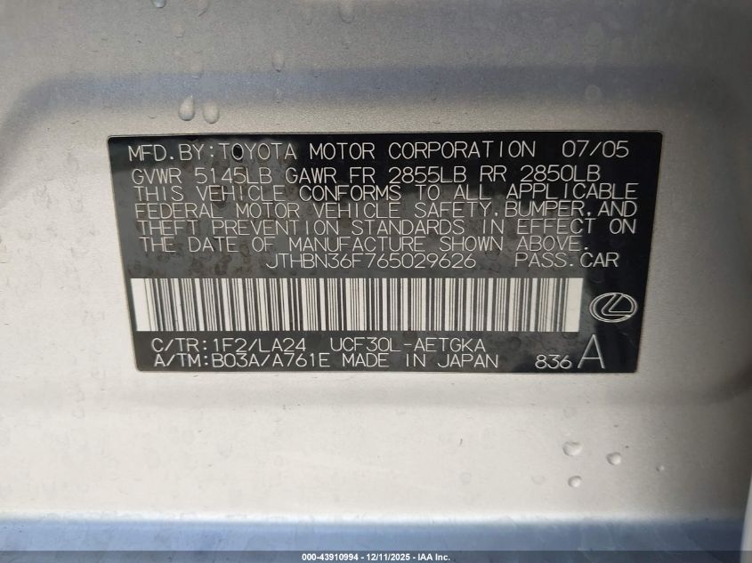 2006 Lexus Ls 430 VIN: JTHBN36F765029626 Lot: 43910994