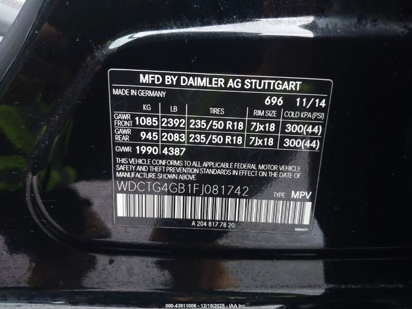 2015 Mercedes-Benz Gla 250 4Matic VIN: WDCTG4GB1FJ081742 Lot: 43911006