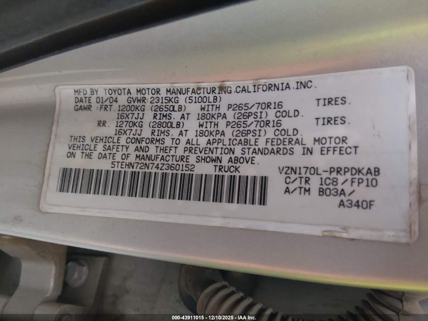 2004 Toyota Tacoma Base V6 VIN: 5TEHN72N74Z360152 Lot: 43911015