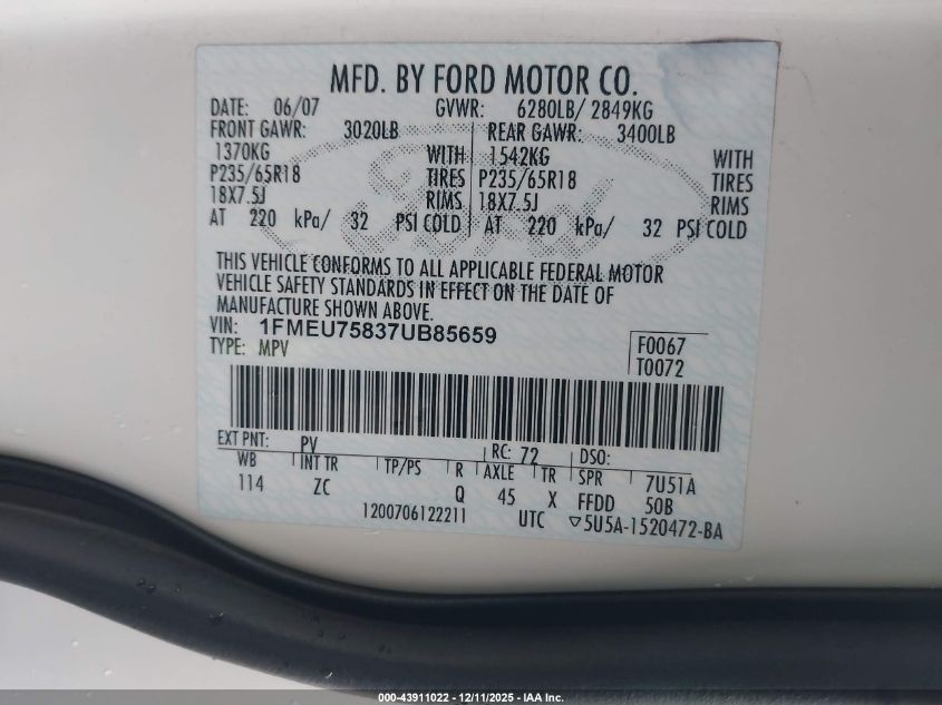 2007 Ford Explorer Limited VIN: 1FMEU75837UB85659 Lot: 43911022