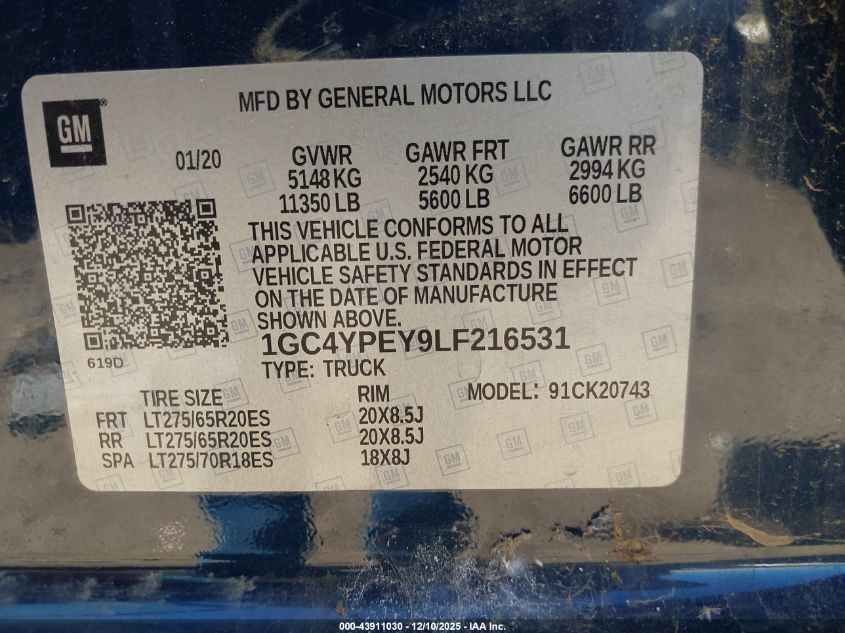 2020 Chevrolet Silverado 2500Hd VIN: 1GC4YPEY9LF216531 Lot: 91862005