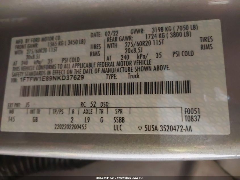 2022 Ford F-150 Xl VIN: 1FTFW1E89NKD37629 Lot: 43911049