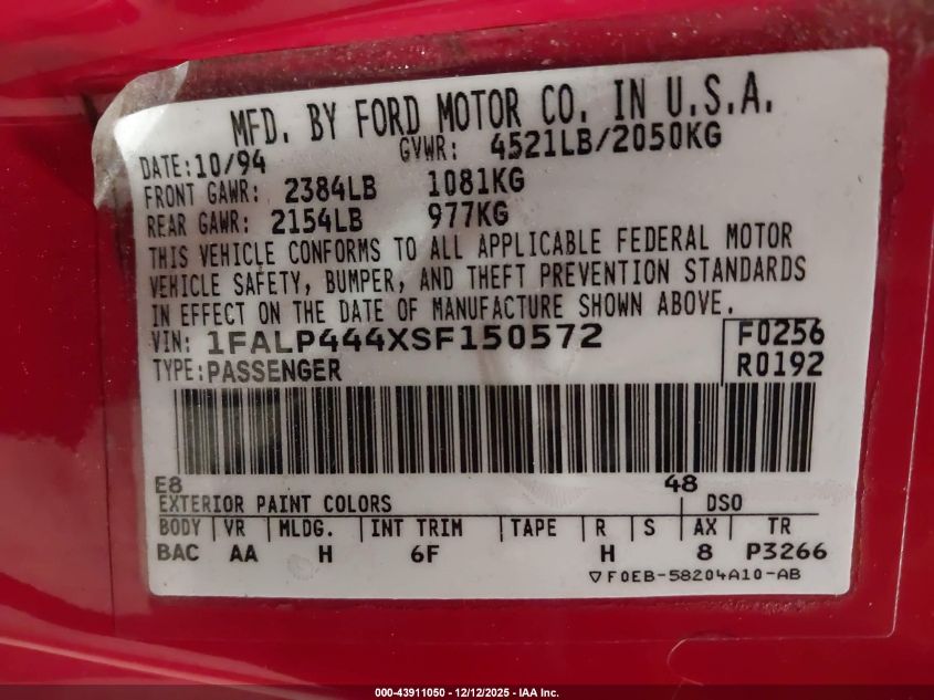 1995 Ford Mustang VIN: 1FALP444XSF150572 Lot: 43911050