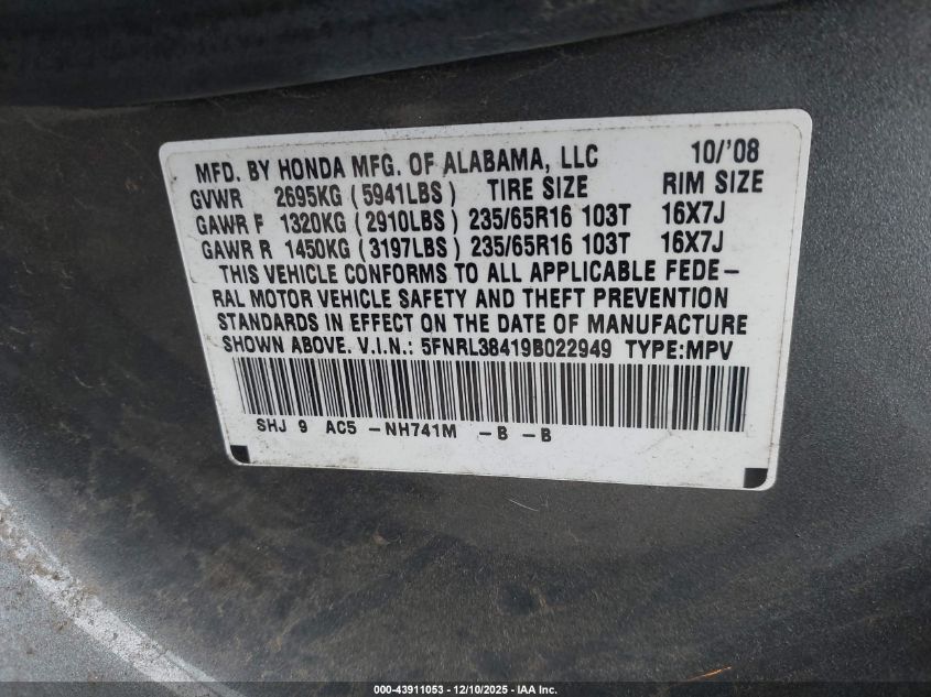 2009 Honda Odyssey Ex VIN: 5FNRL38419B022949 Lot: 43911053