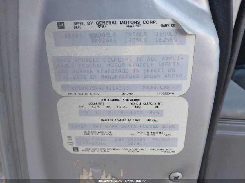 1985 Chevrolet Caprice Classic VIN: 1G1BN35H4FX114313 Lot: 43911054