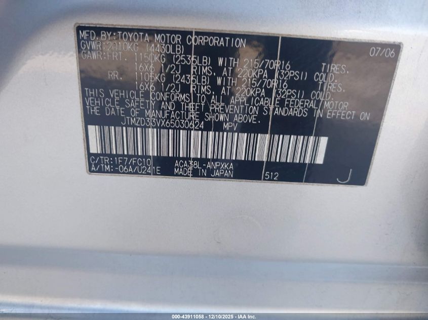 2006 Toyota Rav4 VIN: JTMZD33VX65030624 Lot: 43911058