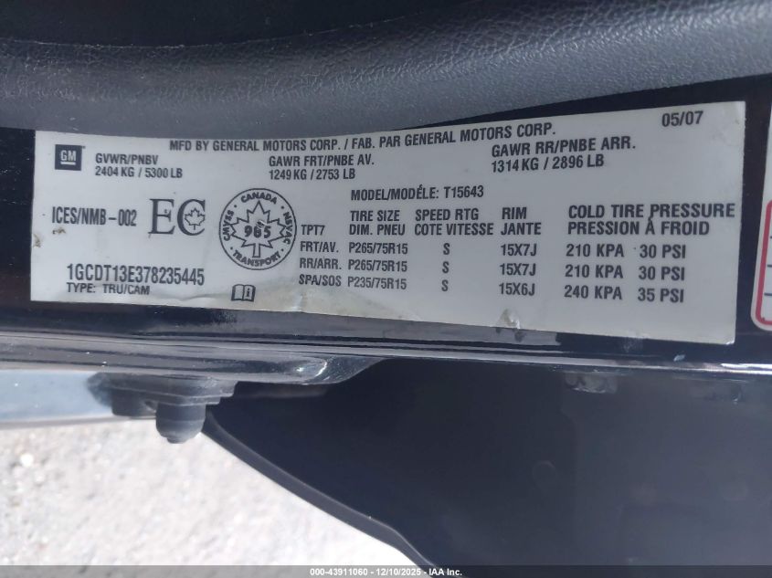 2007 Chevrolet Colorado Lt VIN: 1GCDT13E378235445 Lot: 43911060