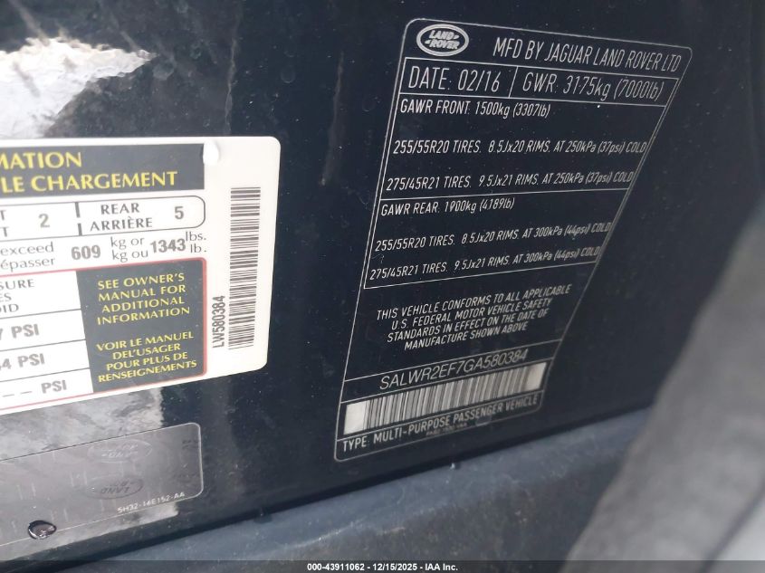 2016 Land Rover Range Rover Sport 5.0L V8 Supercharged/5.0L V8 Supercharged Dynamic VIN: SALWR2EF7GA580384 Lot: 43911062