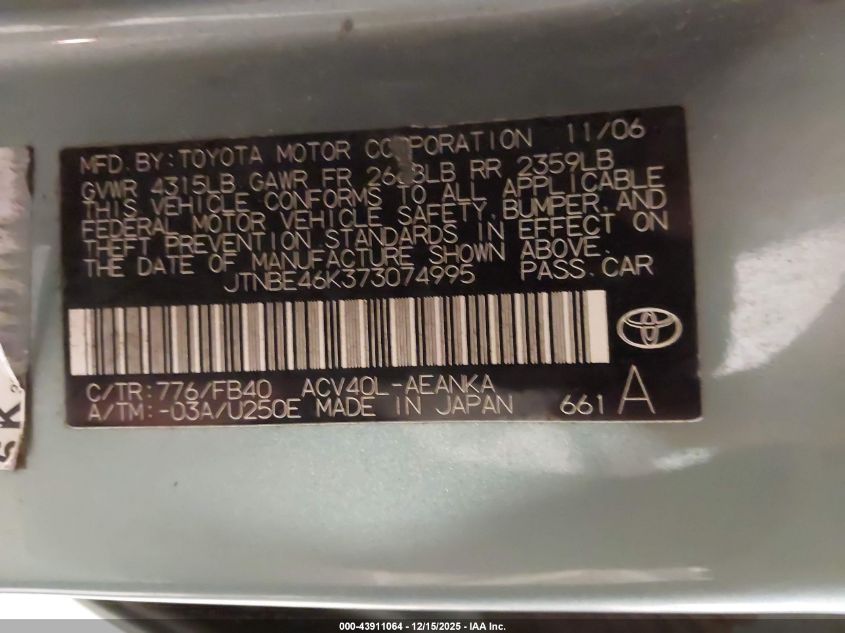 2007 Toyota Camry Le VIN: JTNBE46K373074995 Lot: 43911064