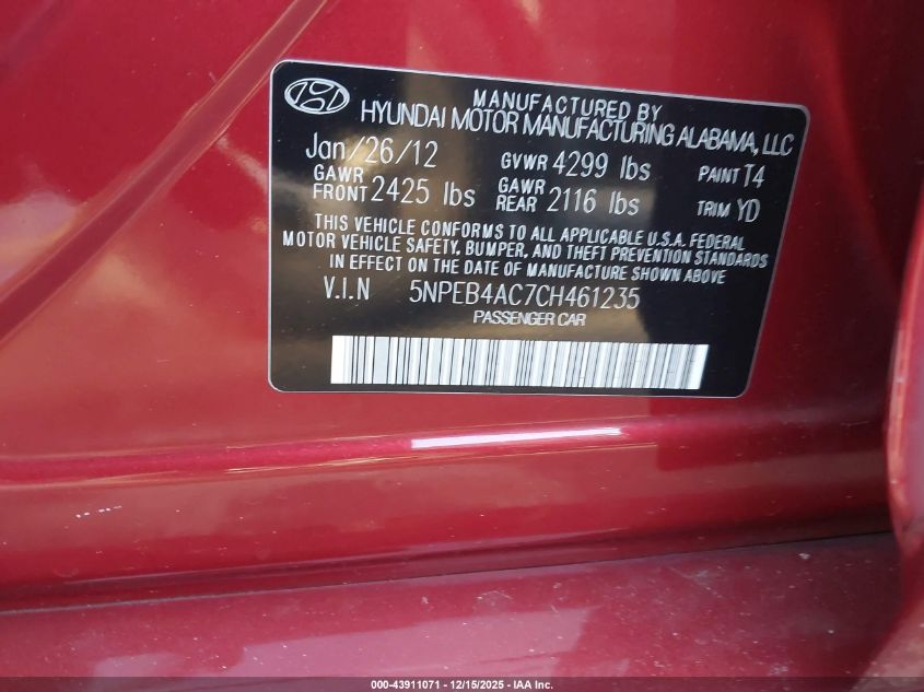 2012 Hyundai Sonata Gls VIN: 5NPEB4AC7CH461235 Lot: 43911071