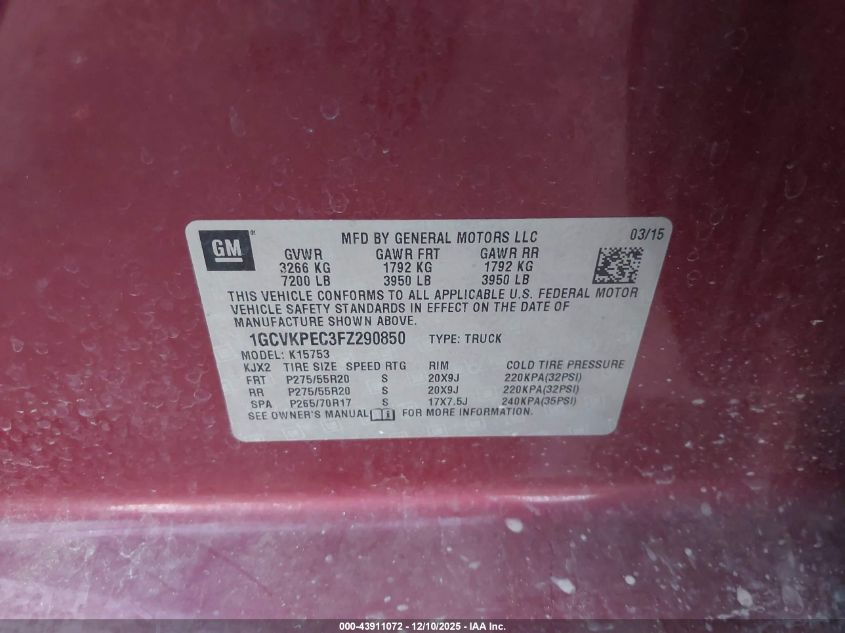 2015 Chevrolet Silverado 1500 Ls VIN: 1GCVKPEC3FZ290850 Lot: 43911072