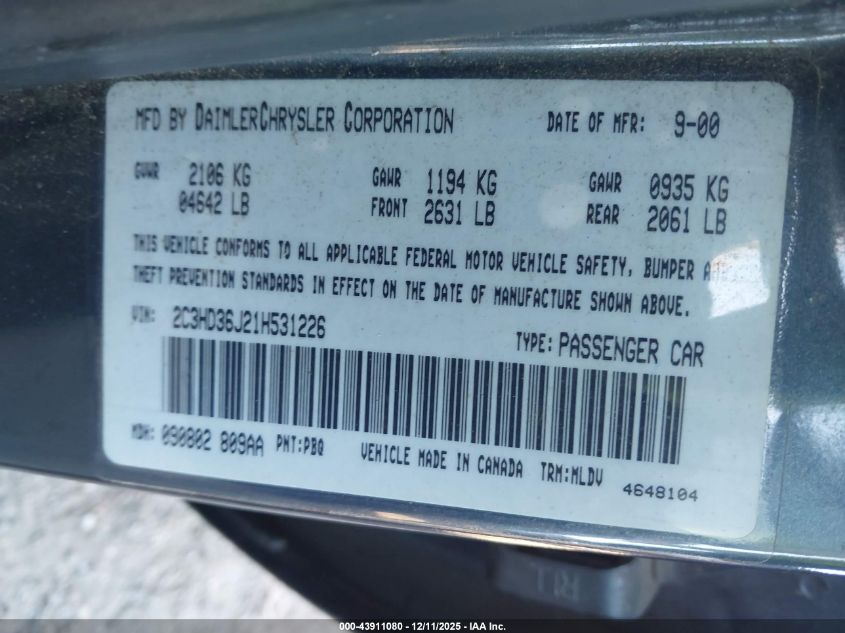 2001 Chrysler Concorde Lxi VIN: 2C3HD36J21H531226 Lot: 43911080