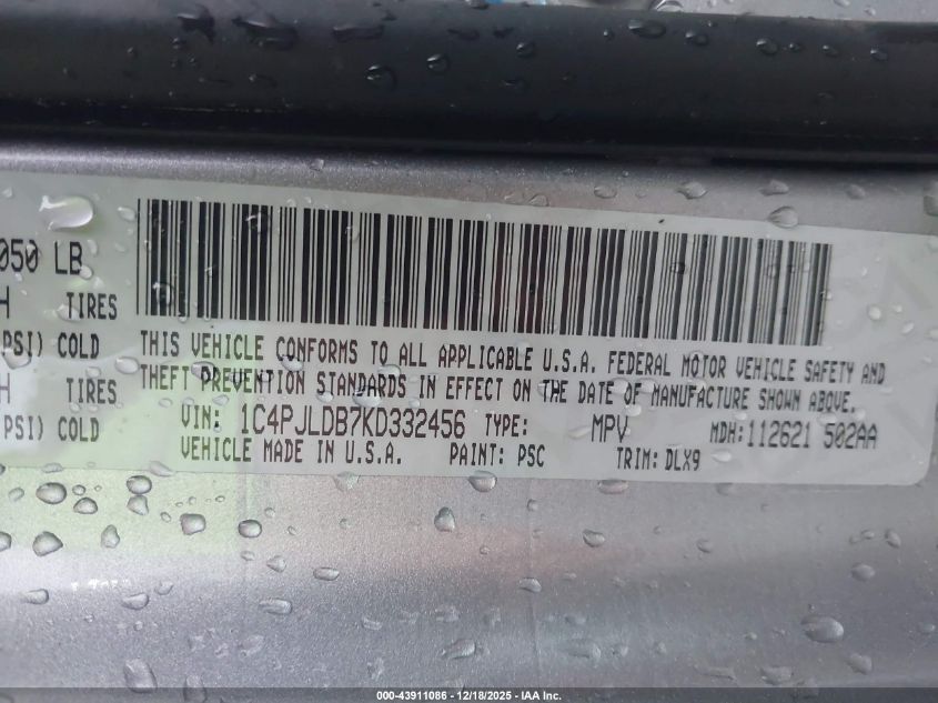 2019 Jeep Cherokee Limited Fwd VIN: 1C4PJLDB7KD332456 Lot: 43911086