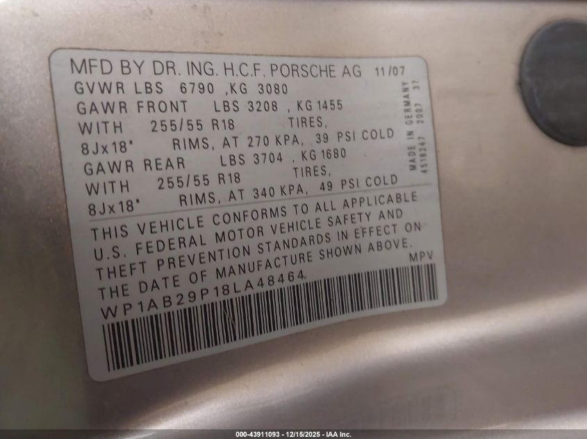 2008 Porsche Cayenne S VIN: WP1AB29P18LA48464 Lot: 43911093