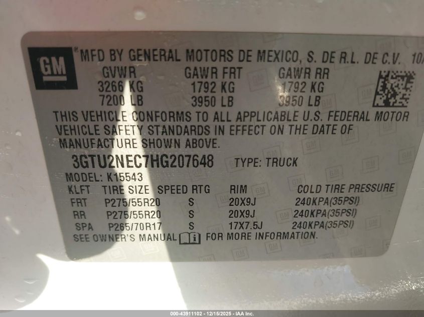 2017 GMC Sierra 1500 Slt VIN: 3GTU2NEC7HG207648 Lot: 43911102