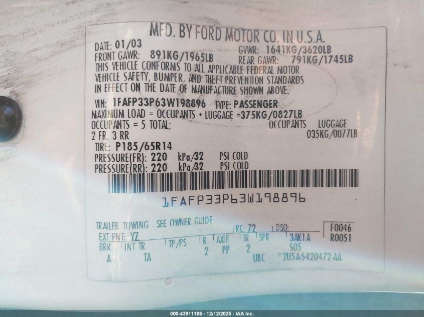 2003 Ford Focus Lx VIN: 1FAFP33P63W198896 Lot: 43911106