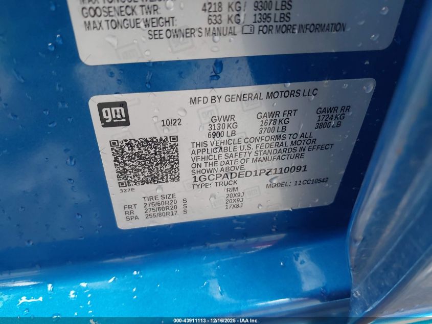 2023 Chevrolet Silverado 1500 Rst VIN: 1GCPADED1PZ110091 Lot: 43911113