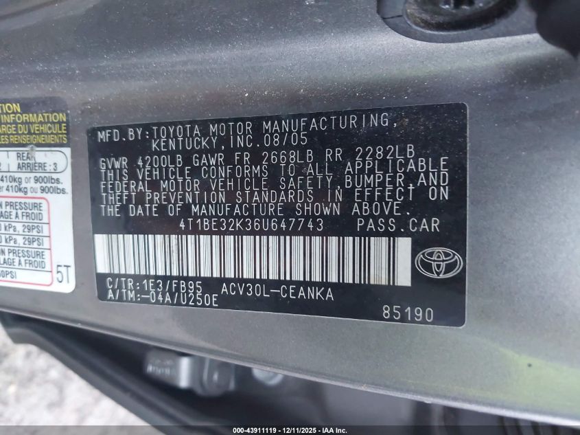 2006 Toyota Camry Std VIN: 4T1BE32K36U647743 Lot: 43911119