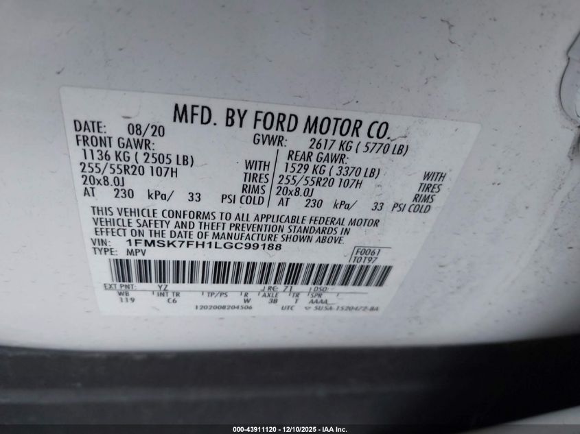 2020 Ford Explorer Limited VIN: 1FMSK7FH1LGC99188 Lot: 43911120